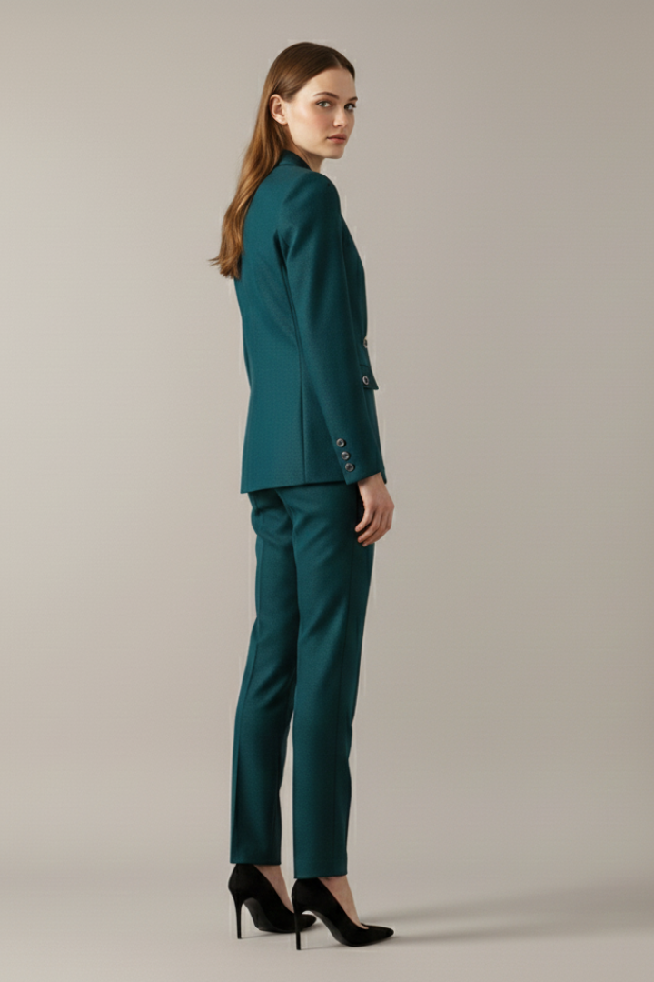Women’s teal blazer and straight trousers set, profile view, one-button front
