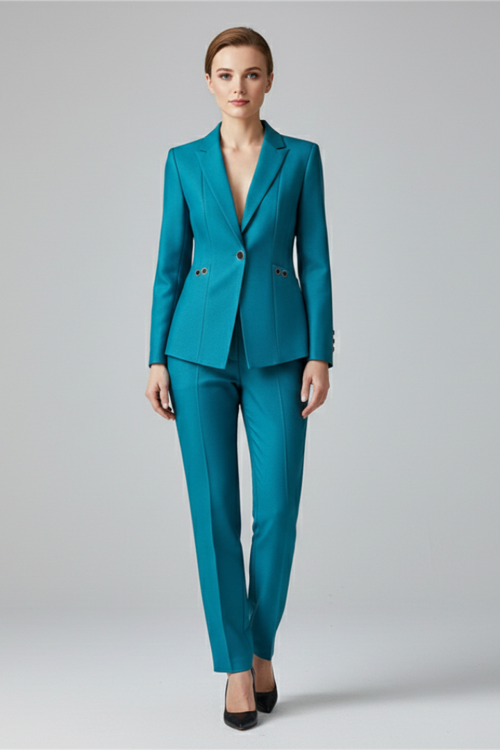 Women’s blue-teal one-button blazer and straight trousers set, front view with lapels