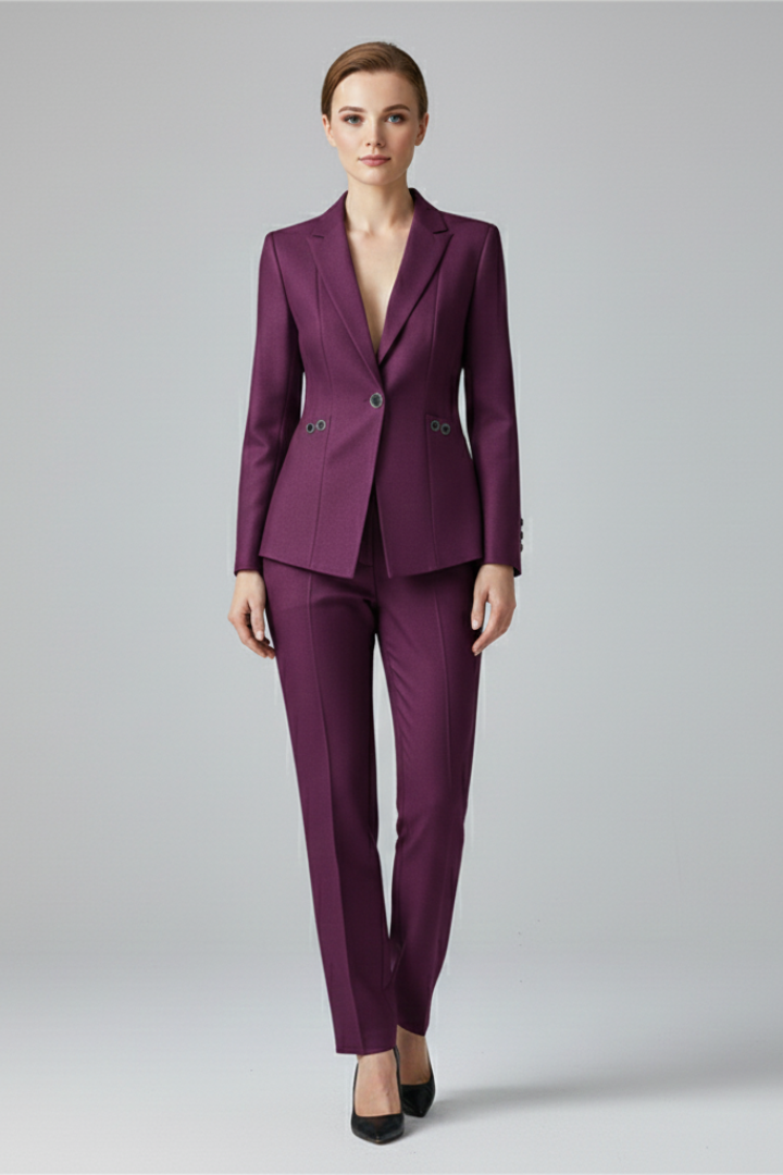Women’s purple one-button blazer and straight trousers set, notched lapel tailored suit