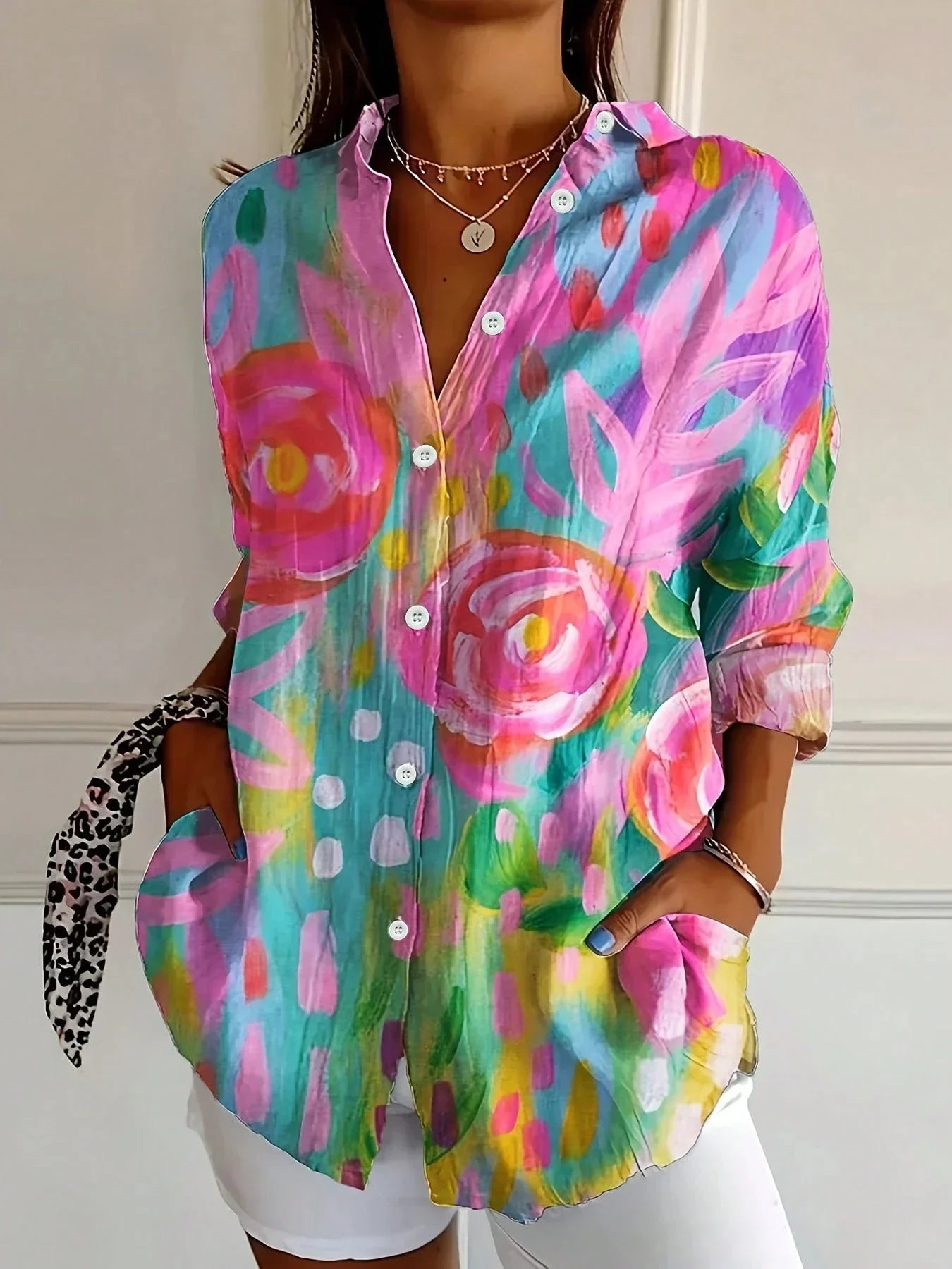 Multicolor abstract button-up blouse with collared neck, long sleeves, front buttons