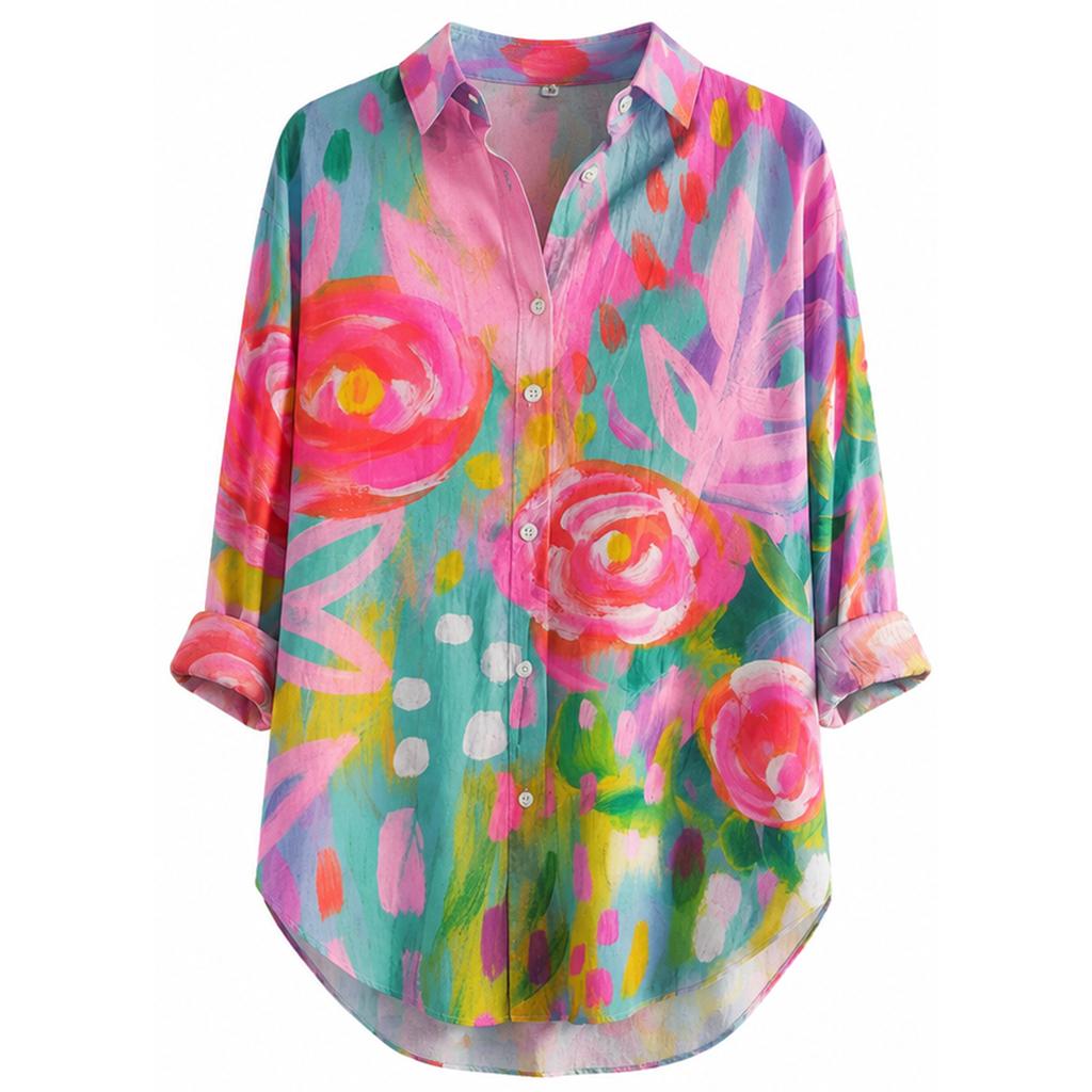 Multicolor abstract print button-up blouse with collared neck, long sleeves
