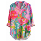 Multicolor abstract print button-up blouse with collared neck, long sleeves