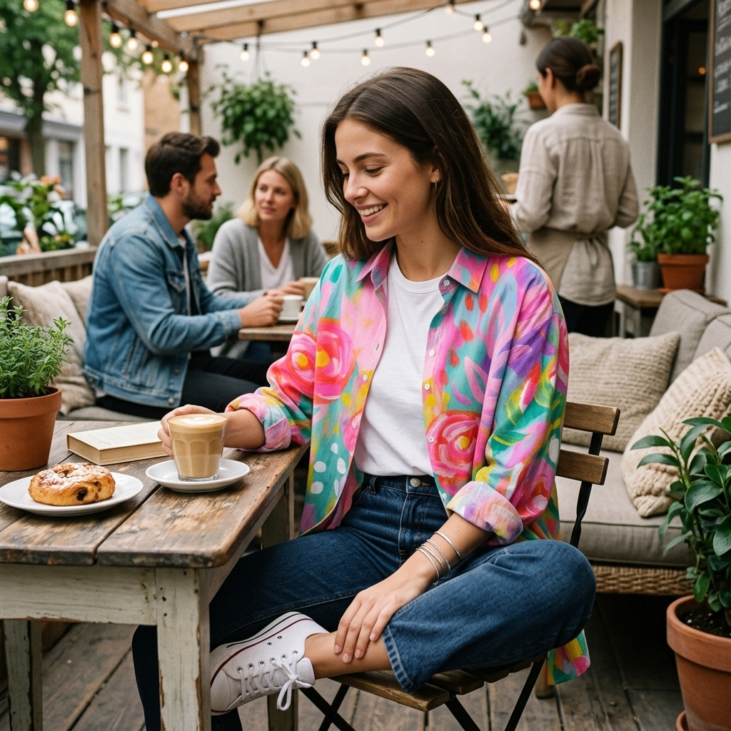 Multicolor abstract print button-up blouse with collared neck and long sleeves
