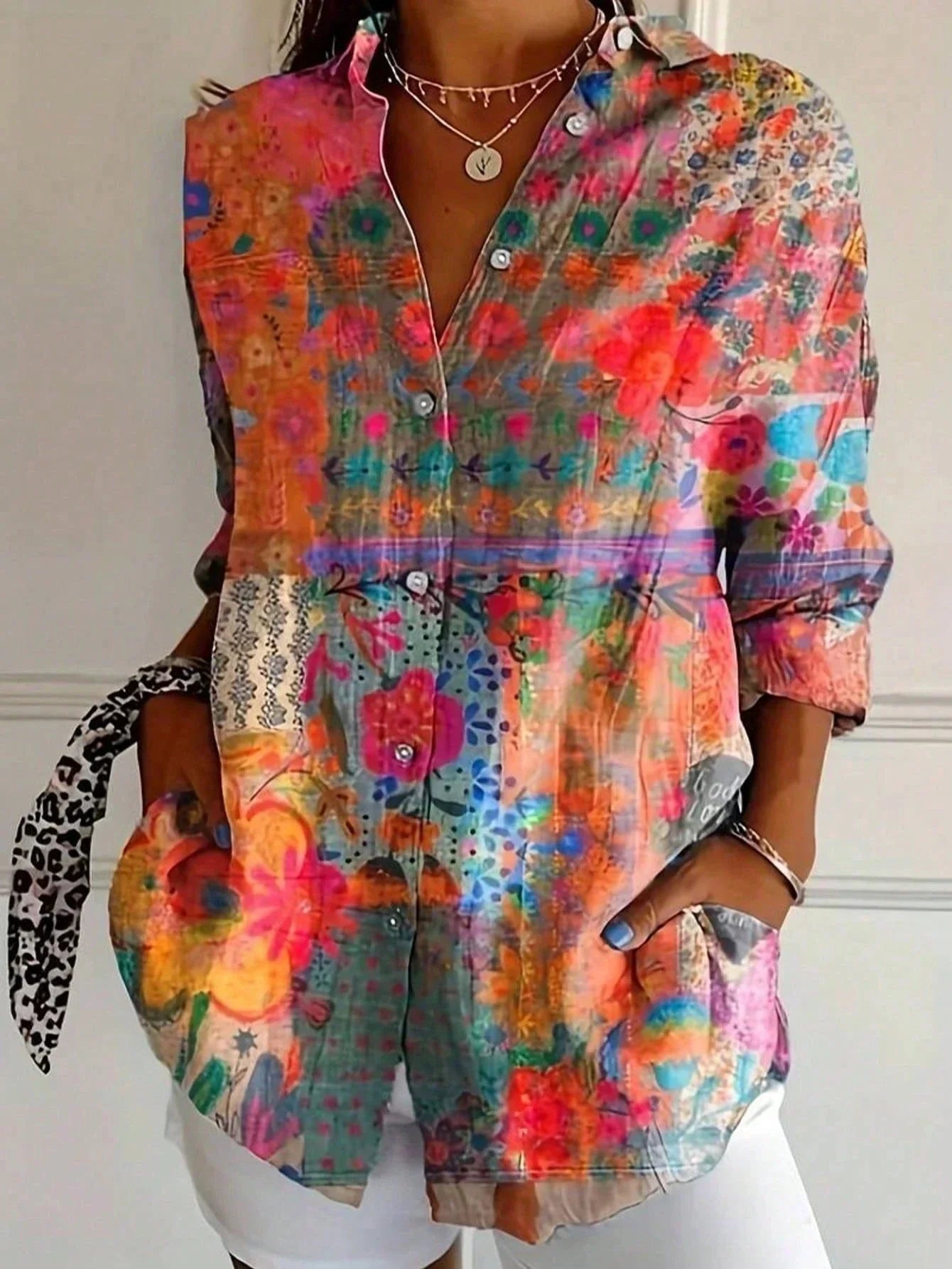 Multicolor abstract button-up blouse with collared neck, long sleeves, front buttons