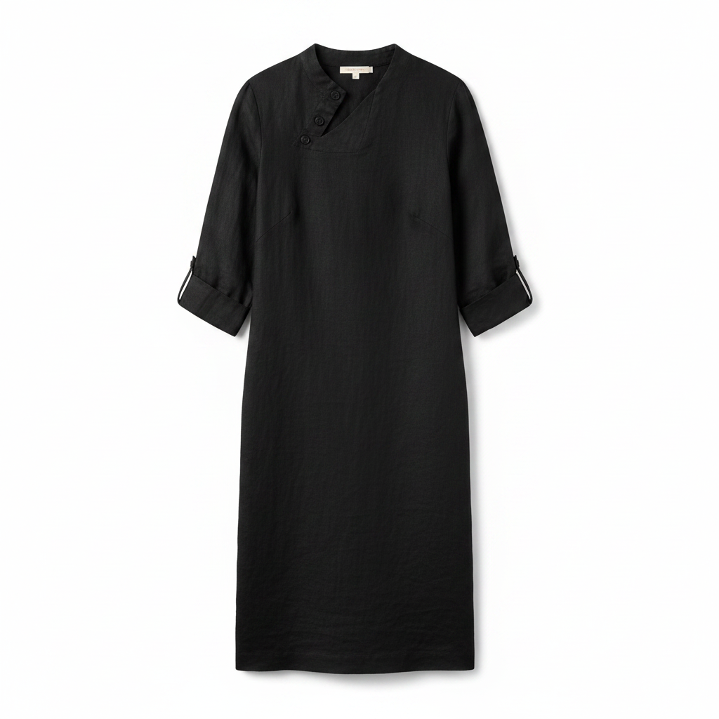 Black asymmetric button-down shift dress, 3/4 sleeves, midi length