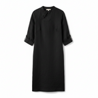 Black asymmetric button-down shift dress, 3/4 sleeves, midi length