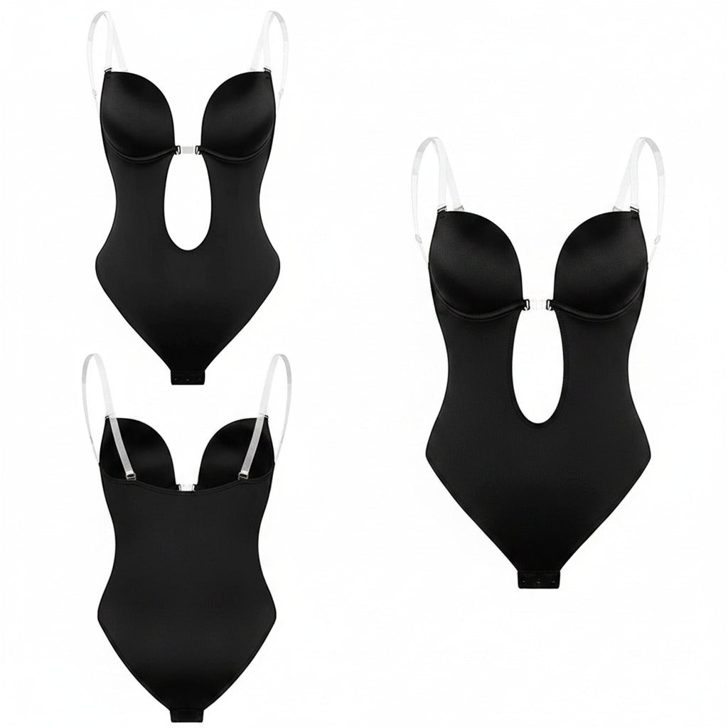 Black backless body shaper with underwire cups and hook-and-eye closure at center back