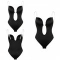 Black backless body shaper with underwire cups and hook-and-eye closure at center back