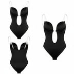 Black backless body shaper with underwire cups and hook-and-eye closure at center back