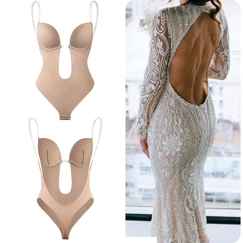 Beige backless body shaper with underwire cups and open mid-back cutout