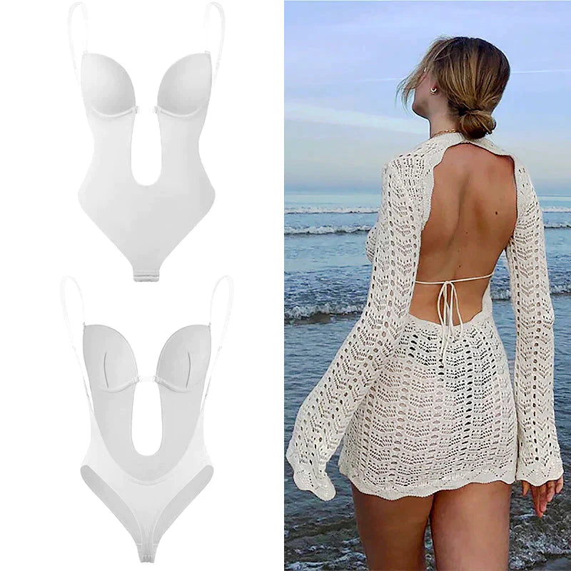 White backless body shaper with underwire cups and open back tie strap design