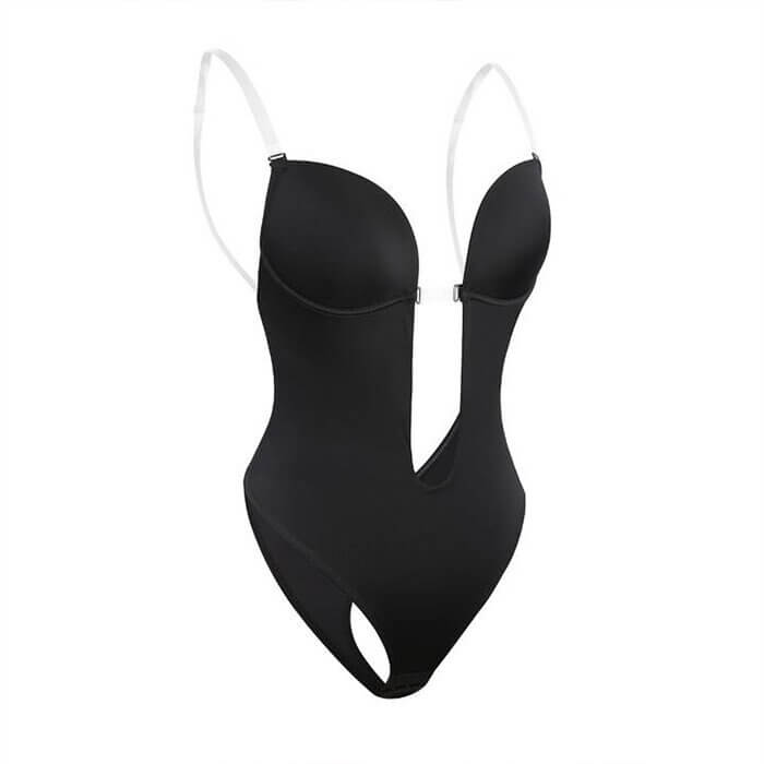 Black backless body shaper with underwire cups and hook-and-eye closure detailing