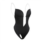 Black backless body shaper with underwire cups and hook-and-eye closure detailing