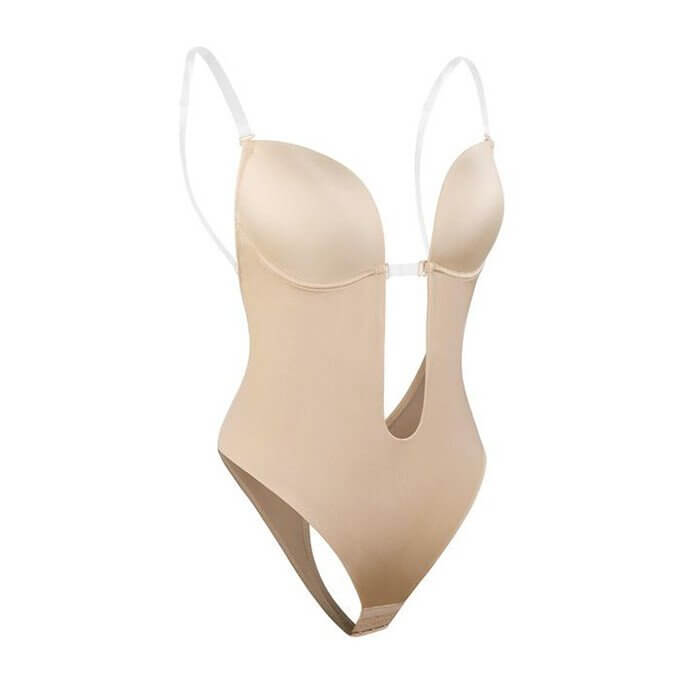Beige backless body shaper with underwire cups and hook-and-eye closure