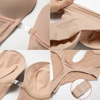 Beige backless body shaper close-up of hook-and-eye closure on inner panel