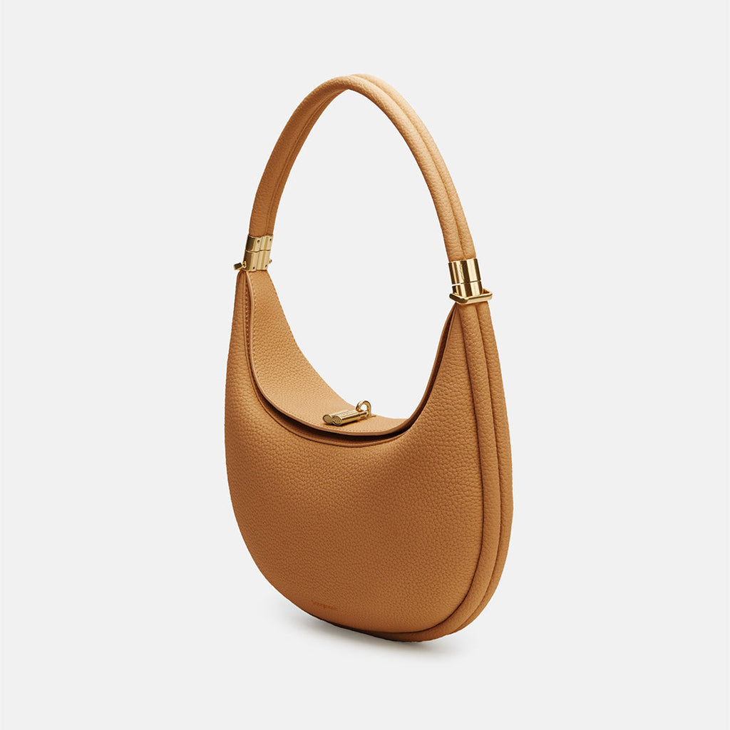 Brown leather shoulder hobo bag with gold-tone clasp and textured finish