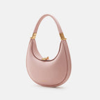 Pink leather crossbody hobo bag with curved flap and gold-tone clasp