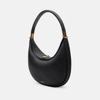 Black leather shoulder hobo bag with curved flap and gold-tone clasp
