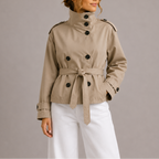 Beige belted cropped trench jacket with double-breasted button front and stand collar