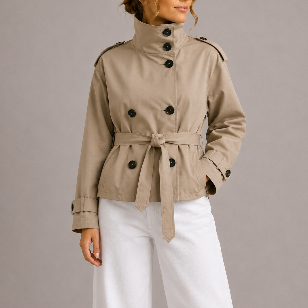 Beige belted cropped trench jacket with double-breasted button front and stand collar