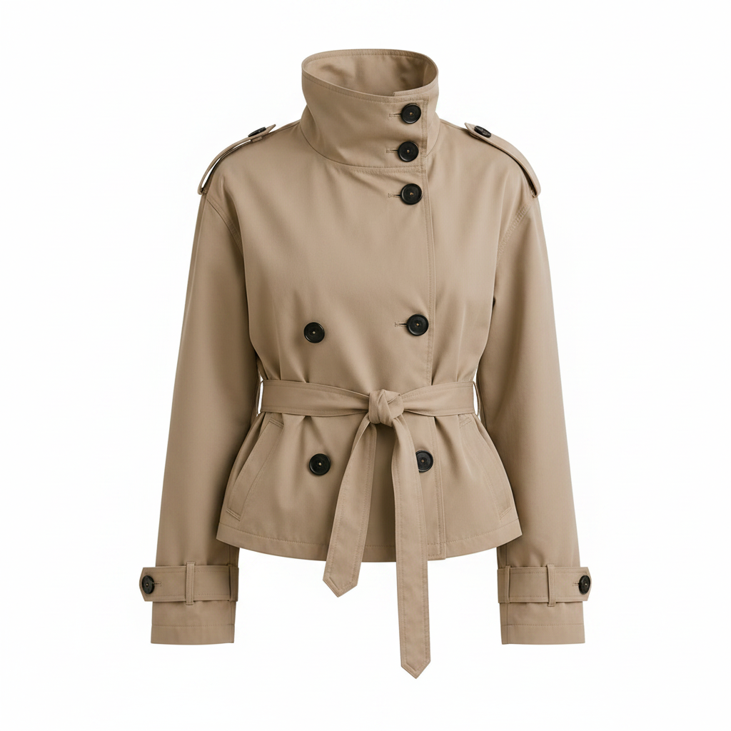 Women's Belted Cropped Trench Coat Double Breasted Stand Collar Relaxed Fit