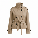 Women's Belted Cropped Trench Coat Double Breasted Stand Collar Relaxed Fit