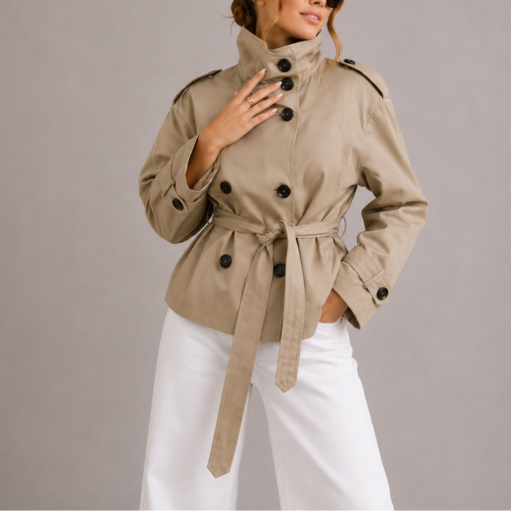 Beige belted cropped trench jacket with long tie belt, flap pockets, and double buttons