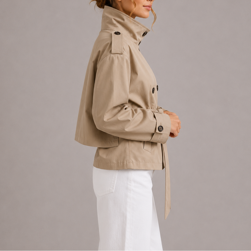 Beige cropped trench jacket with tie belt, shoulder epaulets, and buttoned sleeve cuffs