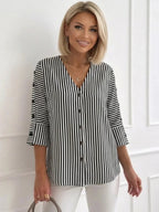 Black-and-white striped V-neck blouse with button front and three-quarter sleeves