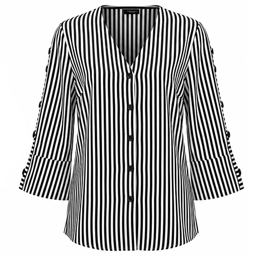 Black-and-white striped blouse, V-neck button placket, three-quarter sleeves