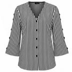 Black-and-white striped blouse, V-neck button placket, three-quarter sleeves