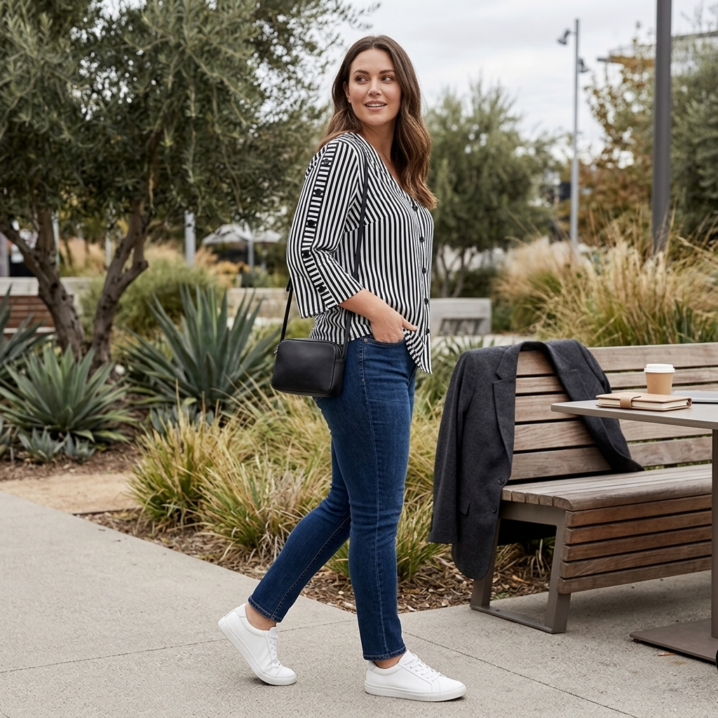 Relaxed-fit black-and-white striped V-neck blouse with buttons and three-quarter sleeves