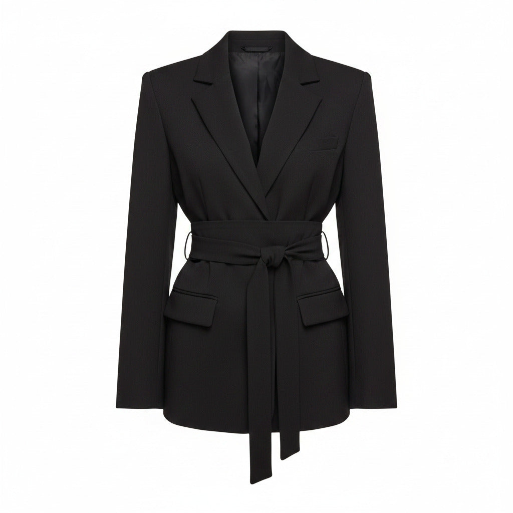 Black women's tailored blazer with wide belt, structured shoulders, notch lapel, side pockets