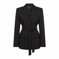 Black women's tailored blazer with wide belt, structured shoulders, notch lapel, side pockets