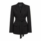 Black women's tailored blazer with wide belt, structured shoulders, notch lapel, side pockets