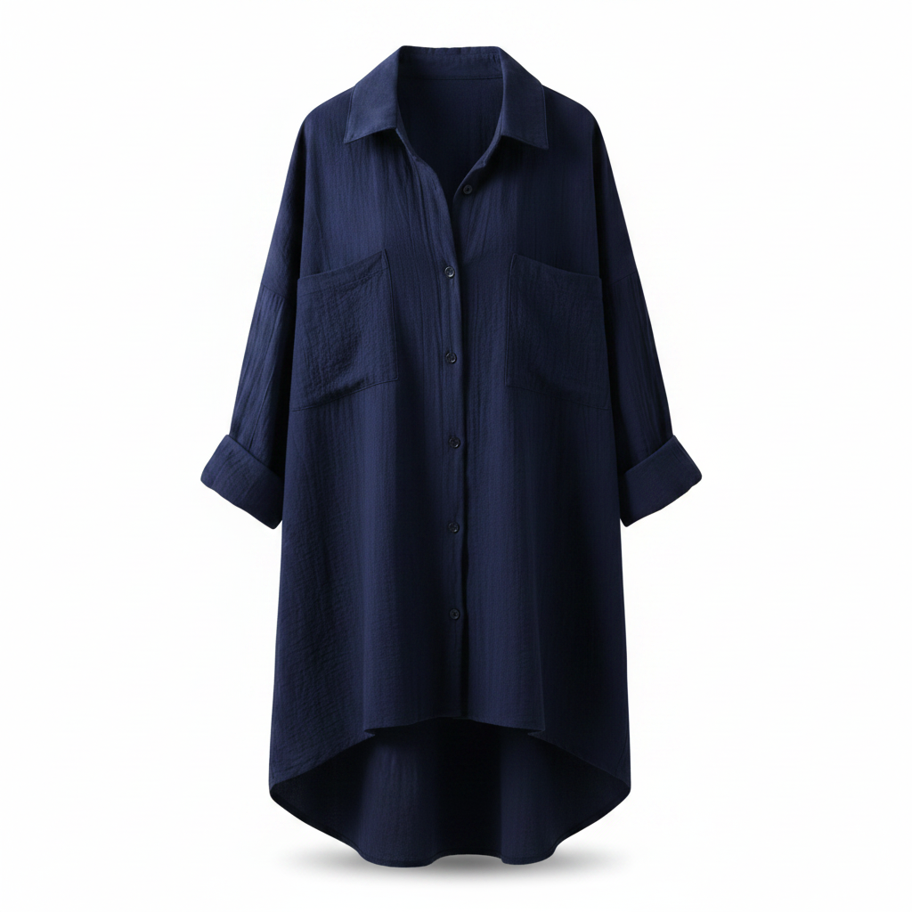 Navy women’s blouse with collar, button front, and chest pockets, three-quarter sleeves.