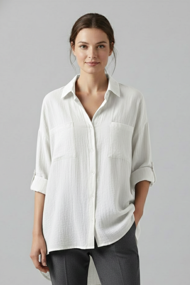 Women’s collared button-front blouse, white with three-quarter sleeves