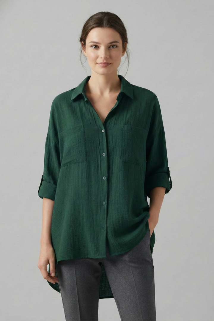 Women’s collared button-front blouse, deep green with three-quarter sleeves