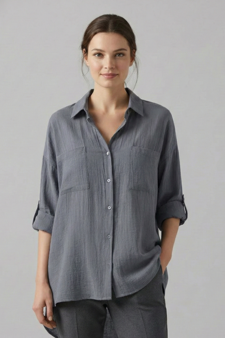 Women’s collared button-front blouse, gray with three-quarter sleeves