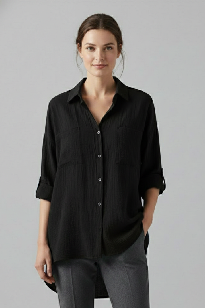 Women’s collared button-front blouse, black with three-quarter sleeves