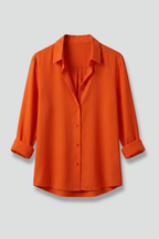 Orange women’s blouse with pointed collar and button front, three-quarter sleeves.