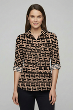 Geometric print women’s blouse with collar and button front, three-quarter sleeves.