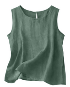 Women's cotton-linen tank top, sleeveless round neck, teal green