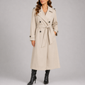 Women's long trench coat in beige, double-breasted with notched lapels and tie belt