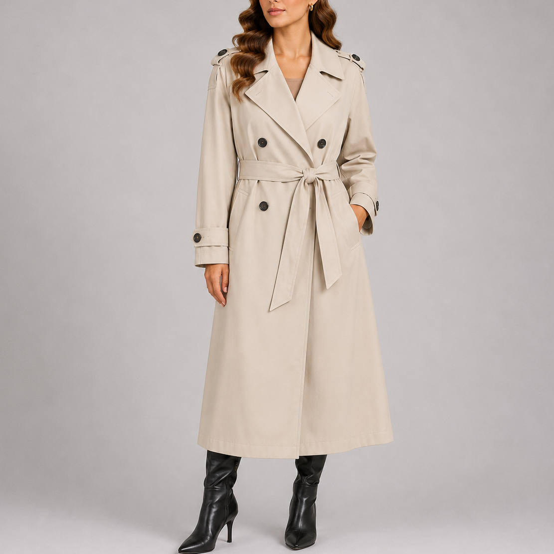 Women's long trench coat in beige, double-breasted with notched lapels and tie belt