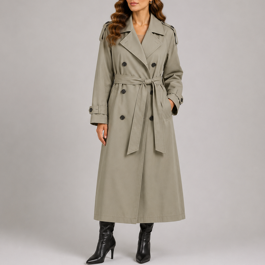 Women's long trench coat in green, double-breasted with notched lapels and tie belt