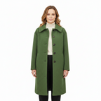Women's green button-front long coat with notched lapel collar and long sleeves