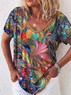 Abstract print V-neck short-sleeve top, vibrant multicolor relaxed fit