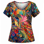 Abstract print V-neck short-sleeve top, swirl florals with blue red green