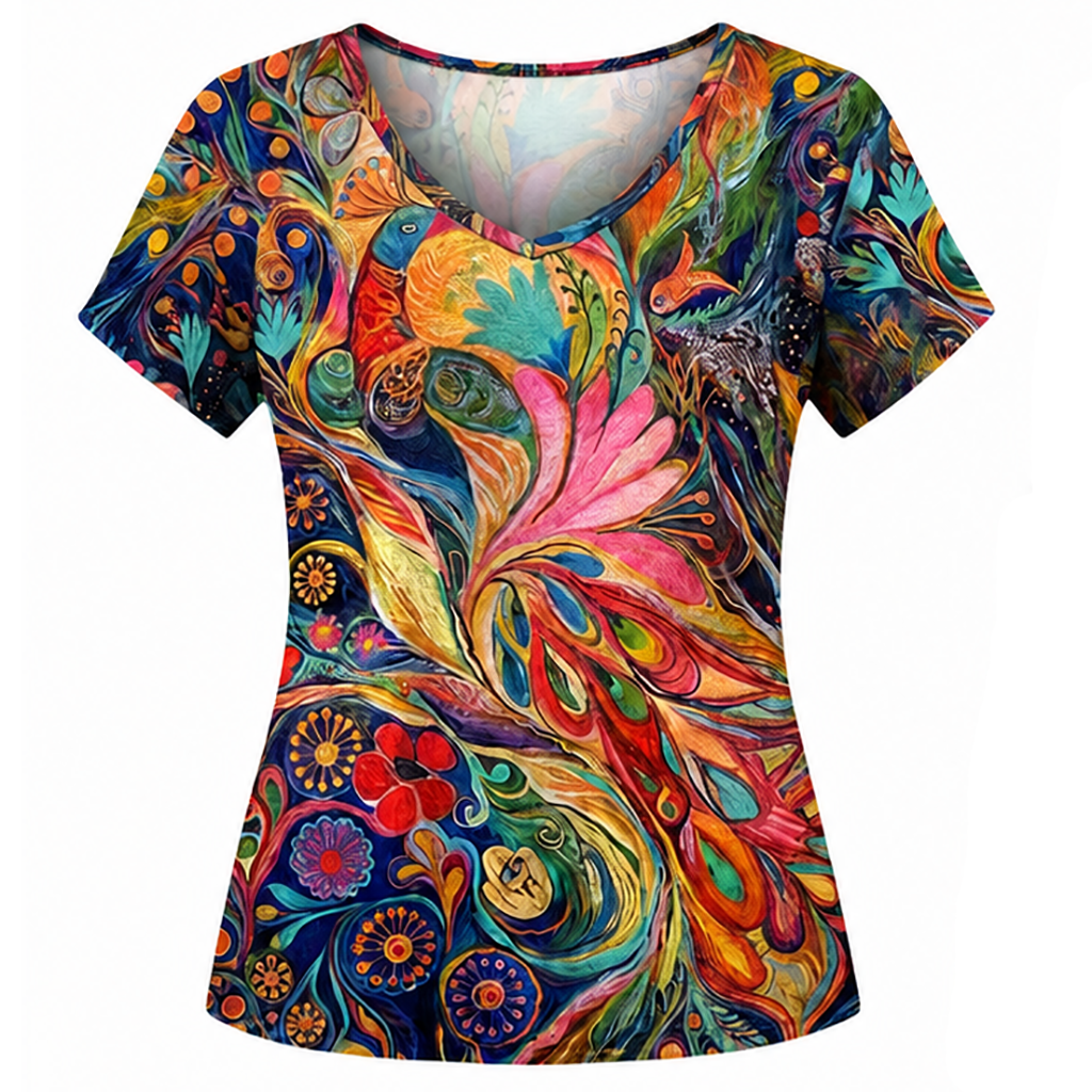 Abstract print V-neck short-sleeve top, swirl florals with blue red green